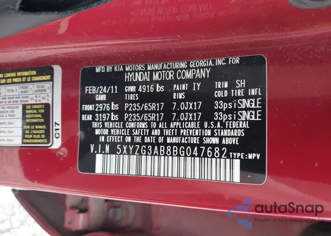 2011 Hyundai Santa Fe Gls from USA, damaged, VIN 5XYZG3AB8BG047682